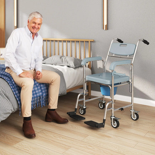 Rolling Shower Chair, Commode with Wheels, Backrest, Arms, Flip Footrests, Grey