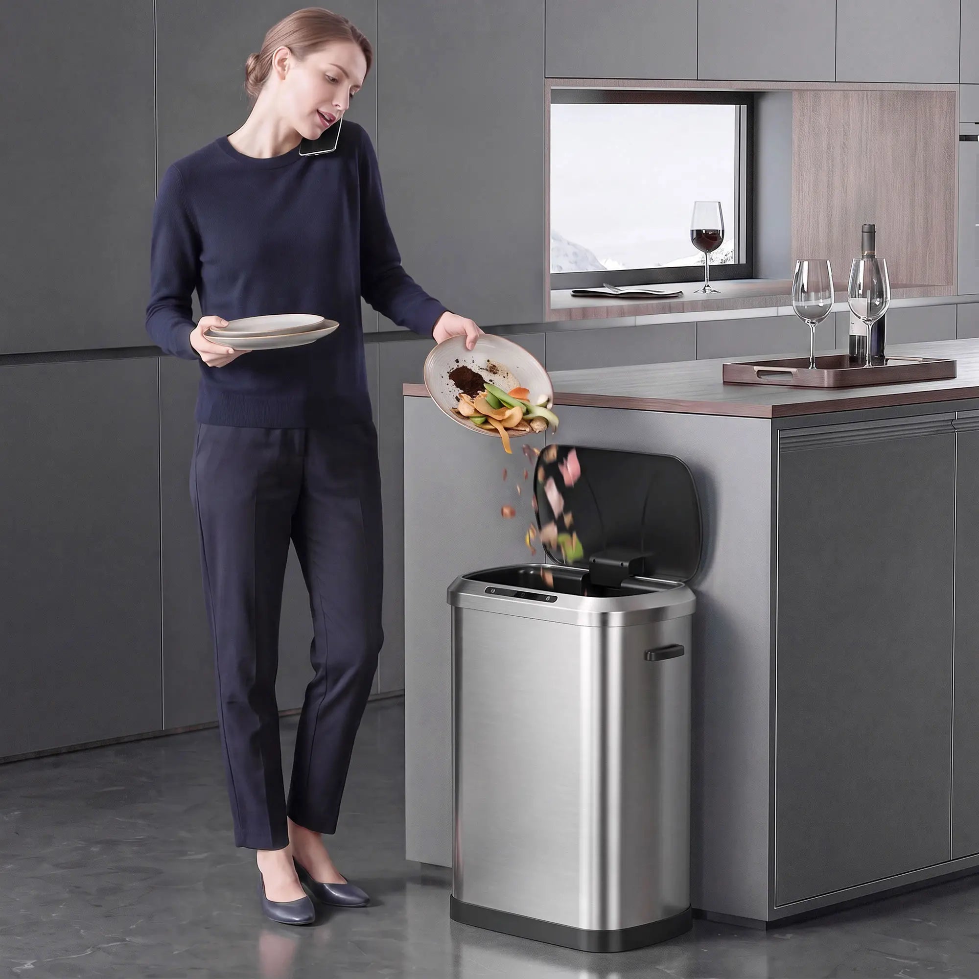Automatic Trash Can, 13.2Gal / 50L, Touchless, Soft-Close Lid, Silver Kitchen Trash Cans at Gallery Canada