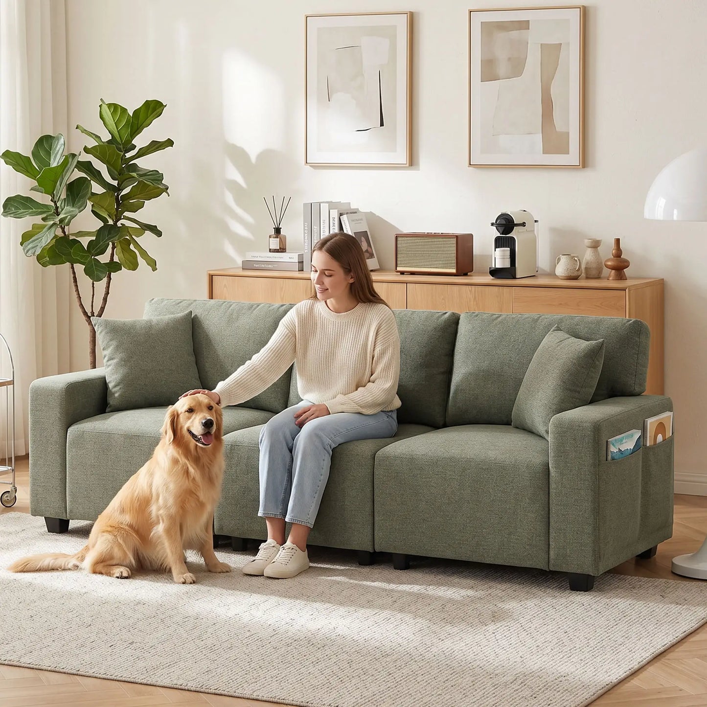 3 Seater Sofa With Storage Pockets, Modern Upholstered Couch, Green 3-Seater Sofas at Gallery Canada