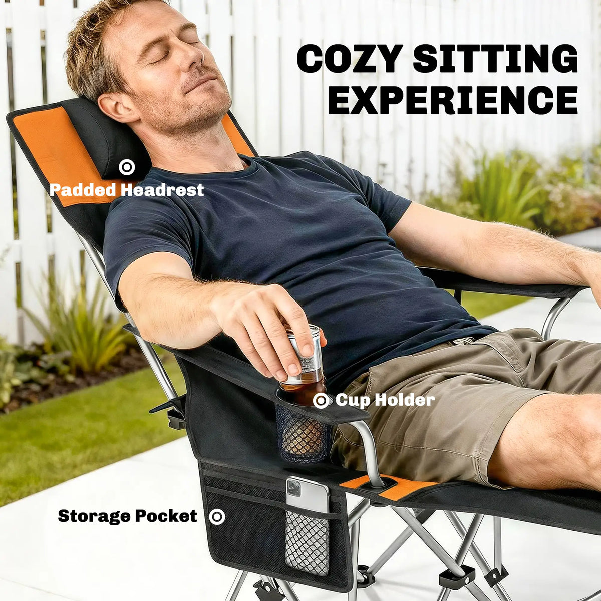 Reclining Camping Chair Set With Foot Rest, Headrest, Cup Holder, Storage Bag, Orange Picnic Tables & Camping Chairs at Gallery Canada