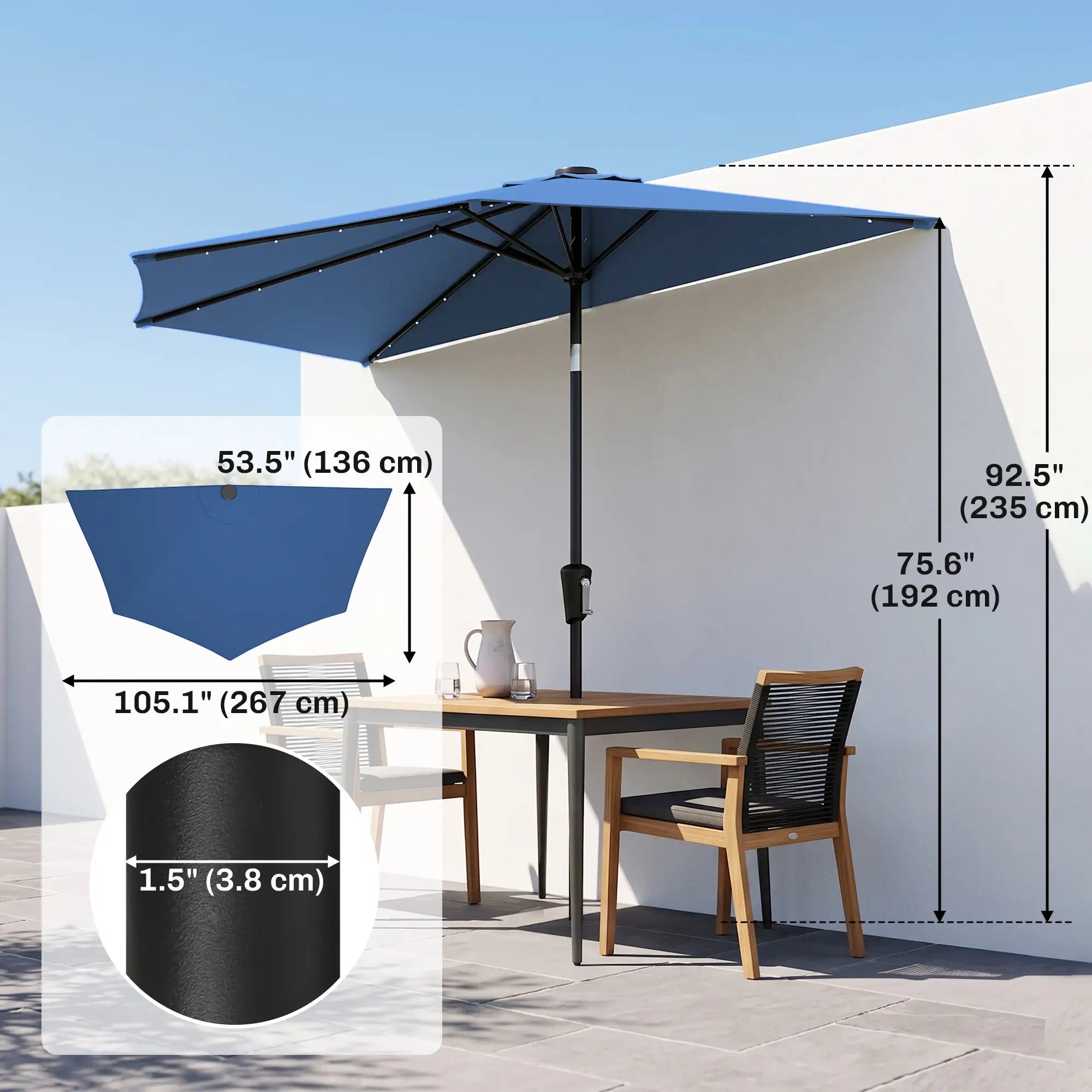 Half Patio Umbrella With Solar LED Lights, Crank, 105.1