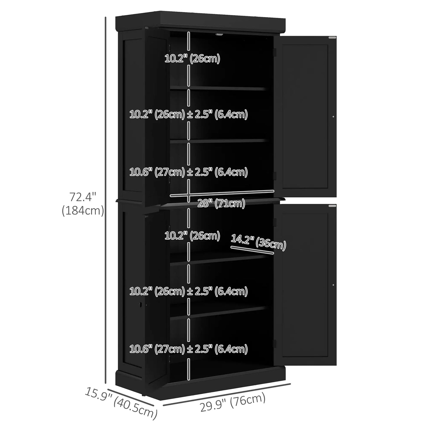 72.5" Freestanding Kitchen Pantry Cabinet with 4 Doors, Black Kitchen Pantry Cabinets at Gallery Canada