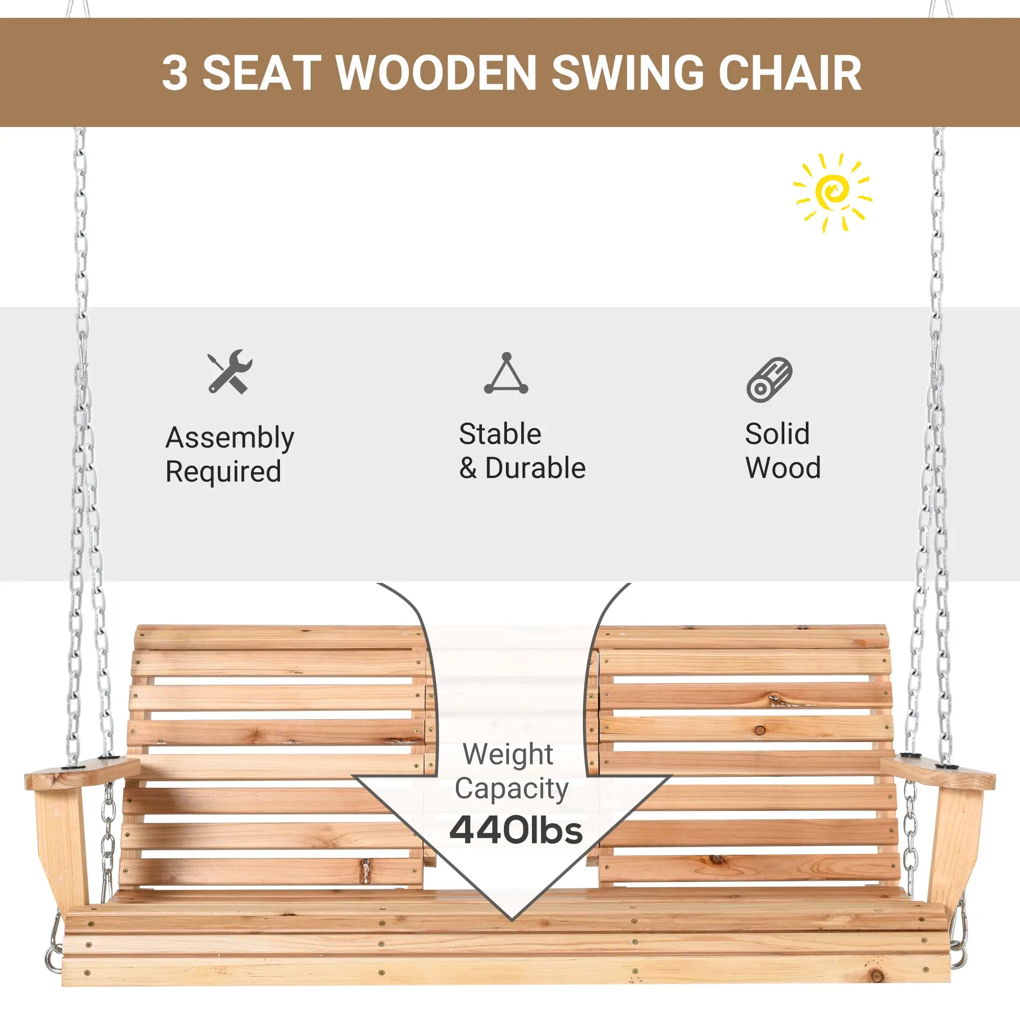 3 Seater Wood Patio Swing, Foldable Table, Cup Holders, Steel Chains, Natural Hanging Porch Swings at Gallery Canada