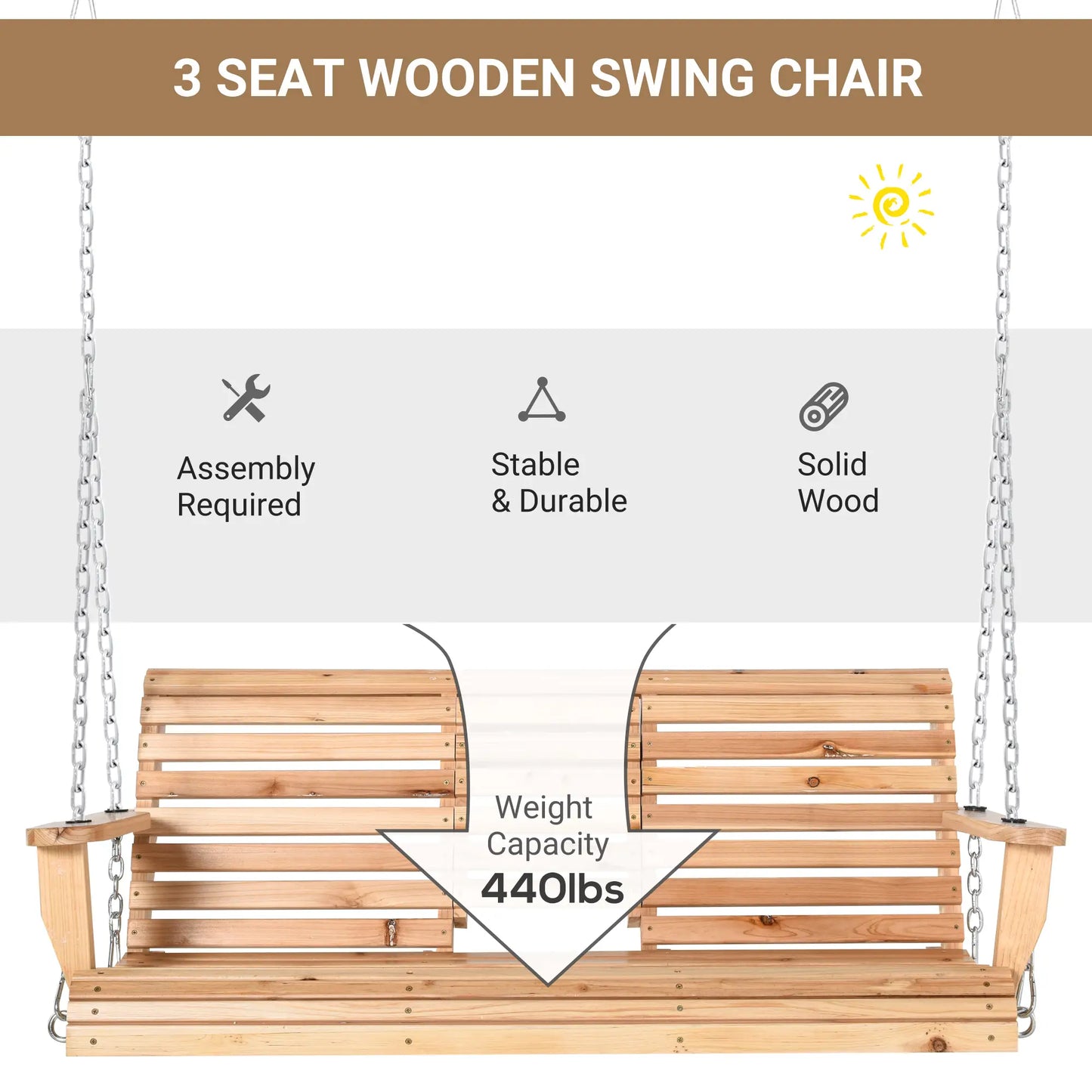3 Seater Wood Patio Swing, Foldable Table, Cup Holders, Steel Chains, Natural Hanging Porch Swings at Gallery Canada