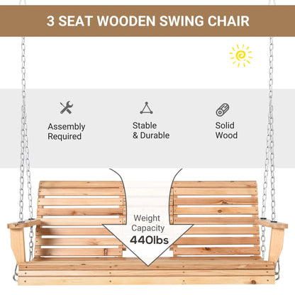 3 Seater Wood Patio Swing, Foldable Table, Cup Holders, Steel Chains, Natural Hanging Porch Swings at Gallery Canada