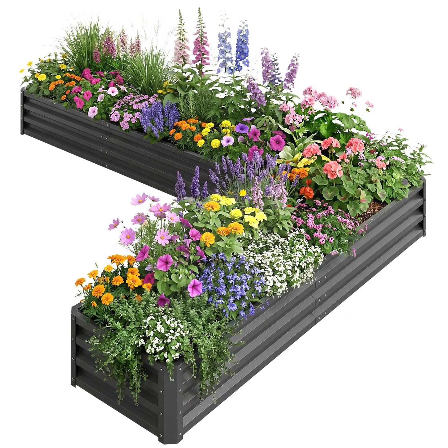 L-Shaped Raised Garden Bed, 82" x 109" x 12", Galvanized Steel, Dark Grey Galvanized Planter Boxes at Gallery Canada