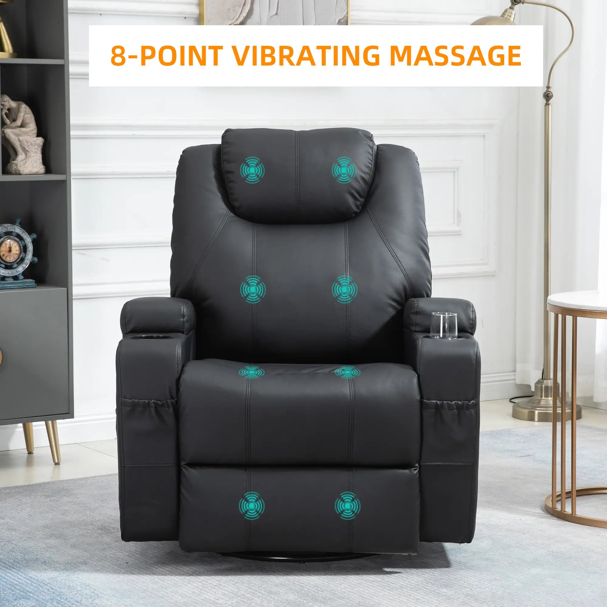 Massage Recliner Chair, 8 Vibration Points, PU Leather, 360° Swivel, Black Single Sofas at Gallery Canada