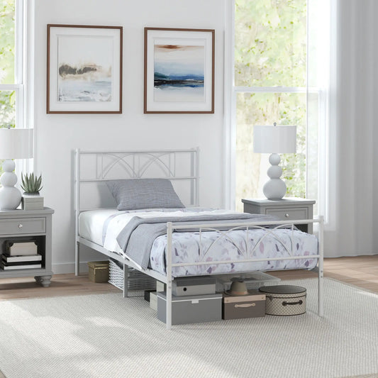 Metal Twin Bed Frame with Headboard, Steel Slat Support, Underbed Storage Bed Frames White at Gallery Canada