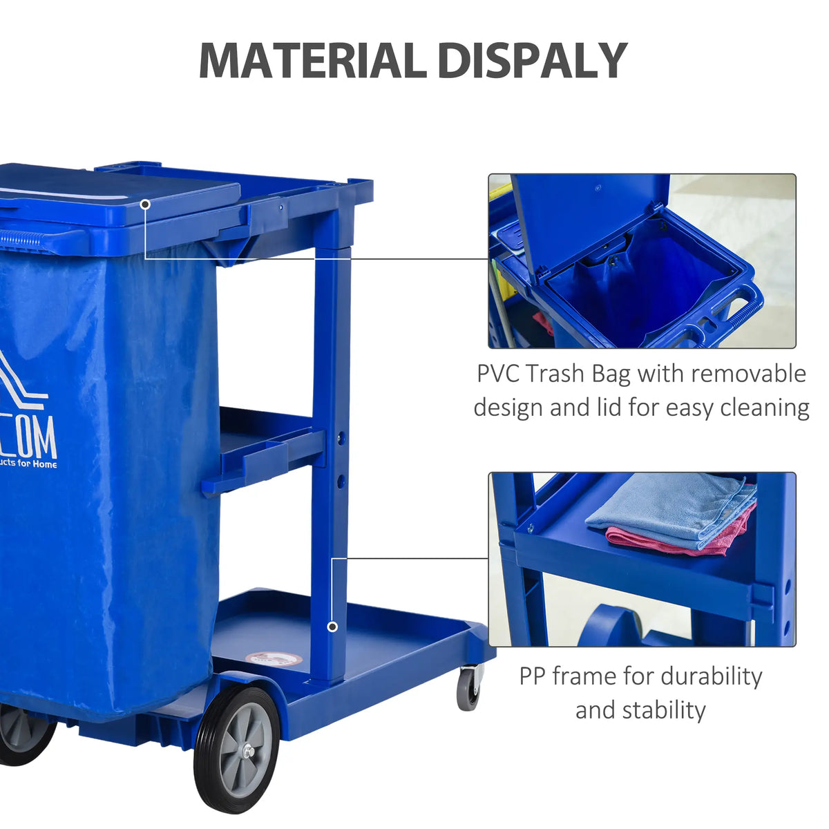 Commercial Janitorial Cart, 3 Tier Shelves, Cleaning Trolley, Rubbish Bag, Mop Mount, Blue Household Supplies at Gallery Canada