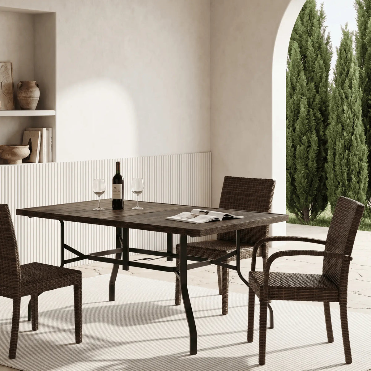 59 Inch Outdoor Dining Table, Steel Frame, Wood Grain, Brown Patio Dinning Tables at Gallery Canada