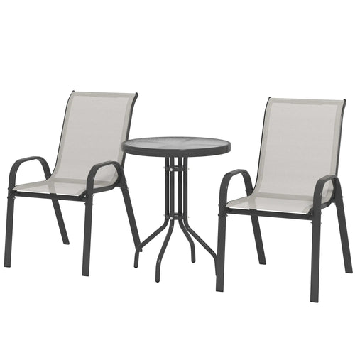 3 Piece Bistro Set, Small Patio Furniture, Stackable Mesh Chairs, Glass Table, Light Grey