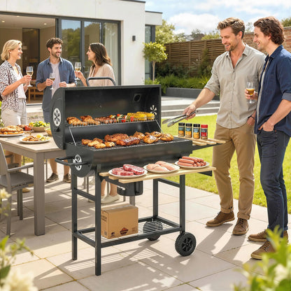 Charcoal BBQ Grill With Foldable Shelves, Warming Rack, Thermometer, Wheels
