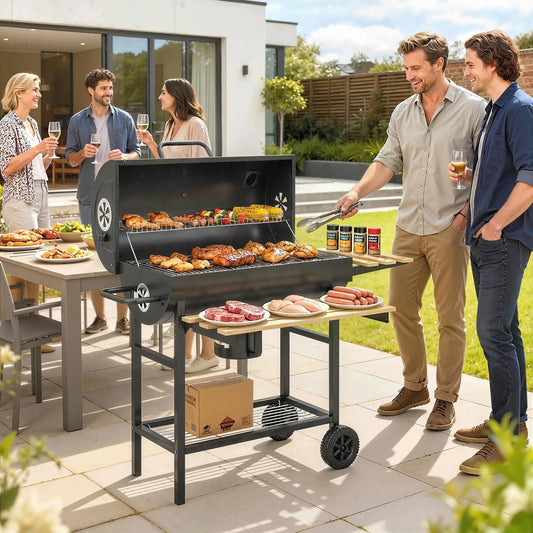 Charcoal BBQ Grill With Foldable Shelves, Warming Rack, Thermometer, Wheels