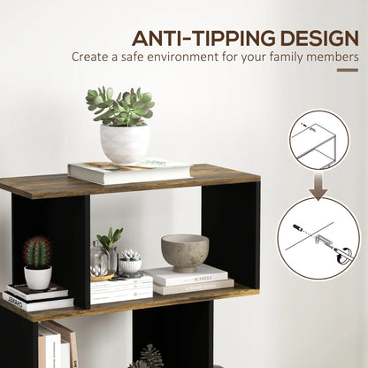 5 Tier Geometric S Shaped Bookcase, Tall Narrow Display Shelf, Rustic Brown Display Bookshelves at Gallery Canada