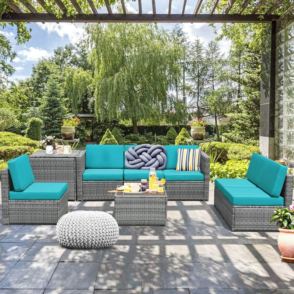 8 Piece Wicker Rattan Patio Dining Set, With Storage Table, Turquoise Outdoor Sectionals at Gallery Canada