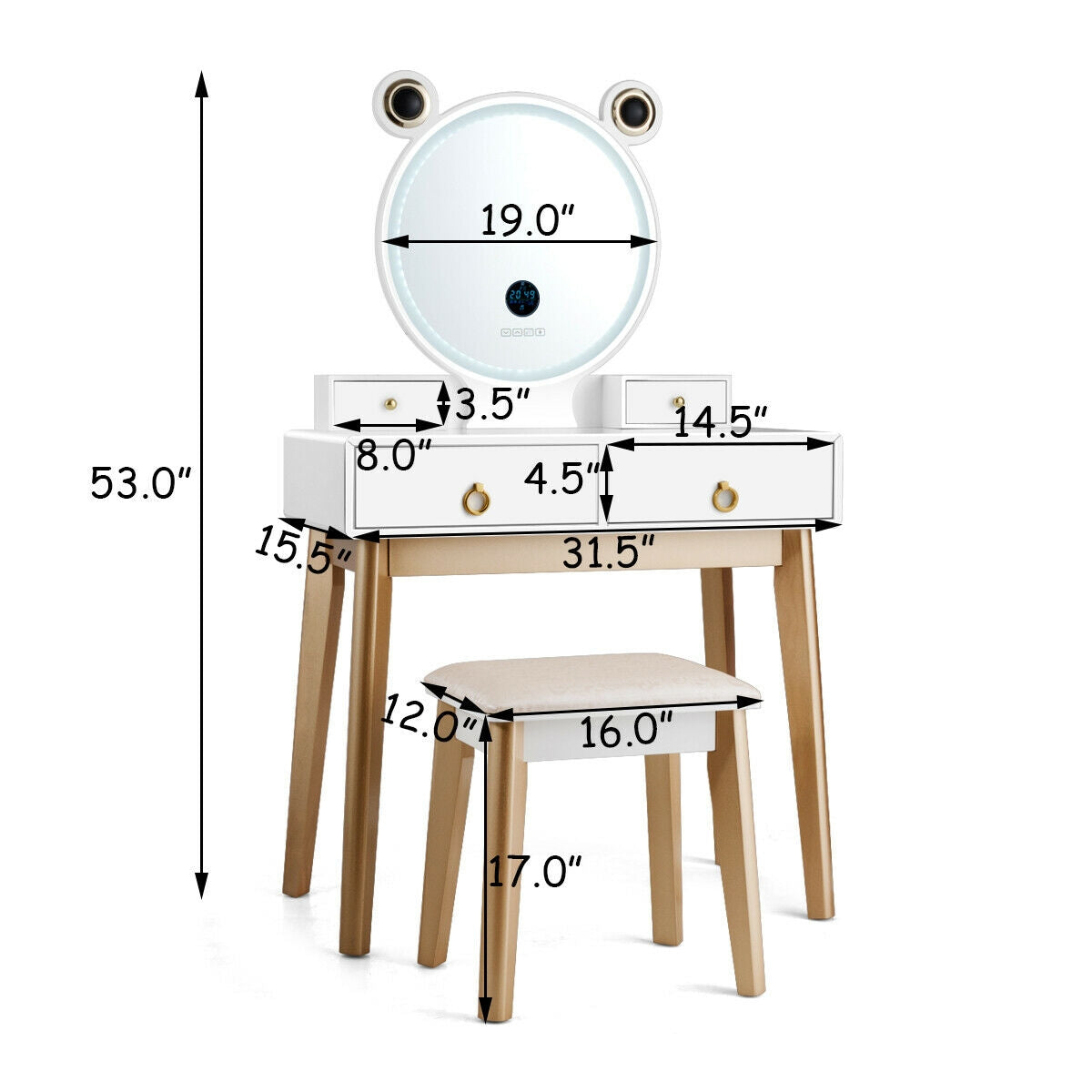 Vanity Set With 3-Color Lighted Mirror, 4 Drawers, White Makeup Vanities at Gallery Canada