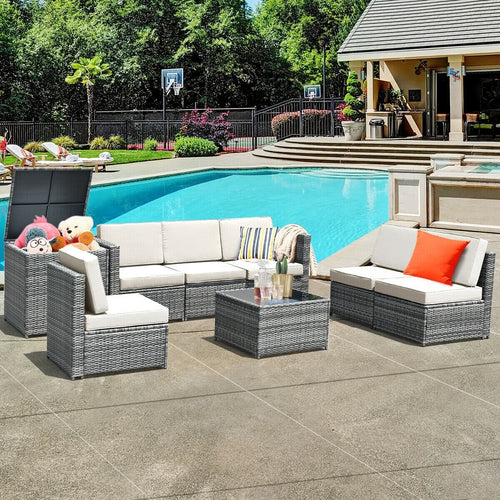 8 Piece Wicker Rattan Sofa Dining Set, With Storage Table, White