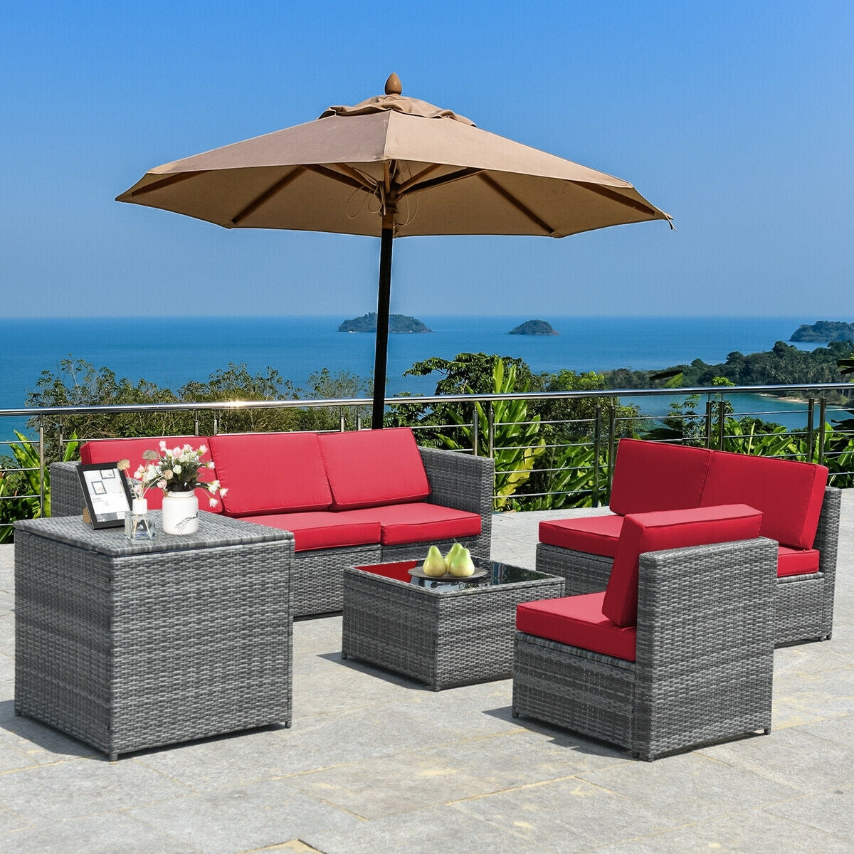 8 Piece Wicker Rattan Sofa Dining Set, Patio Furniture With Storage Table, Red Outdoor Sectionals at Gallery Canada