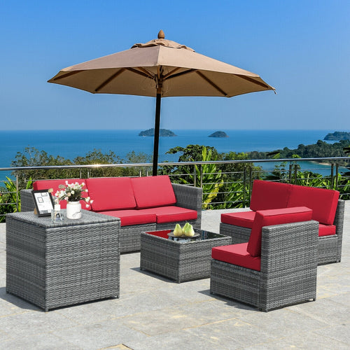 8 Piece Wicker Rattan Sofa Dining Set, Patio Furniture With Storage Table, Red