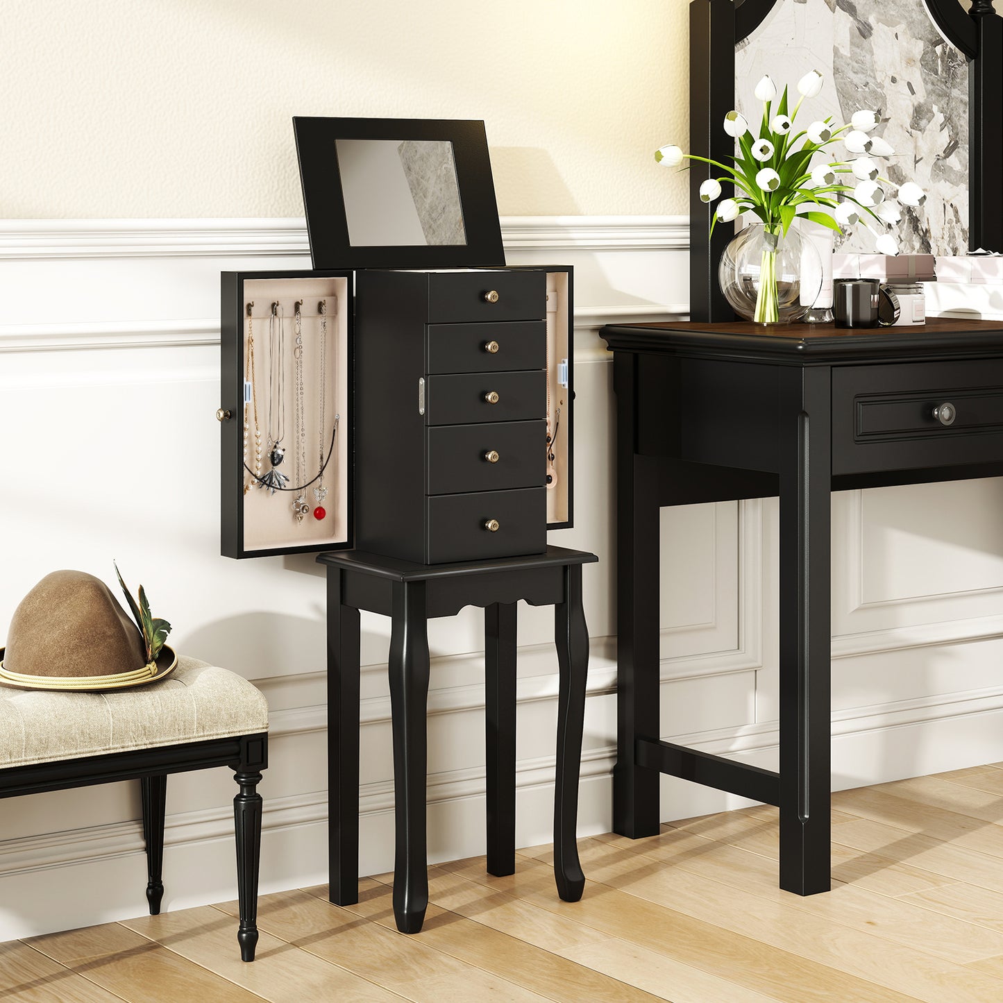 2 Colors Armoire Storage Standing Jewelry Cabinet with Mirror, Black Jewelry Armoires at Gallery Canada