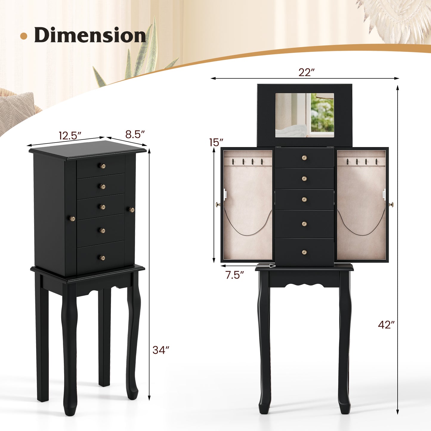 2 Colors Armoire Storage Standing Jewelry Cabinet with Mirror, Black Jewelry Armoires at Gallery Canada