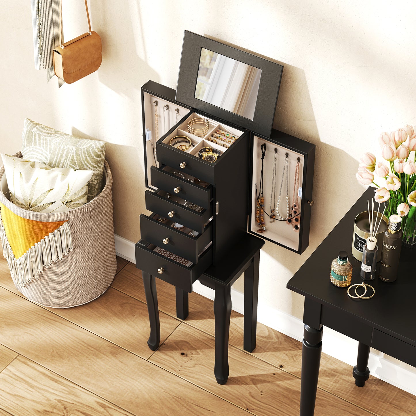 2 Colors Armoire Storage Standing Jewelry Cabinet with Mirror, Black Jewelry Armoires at Gallery Canada