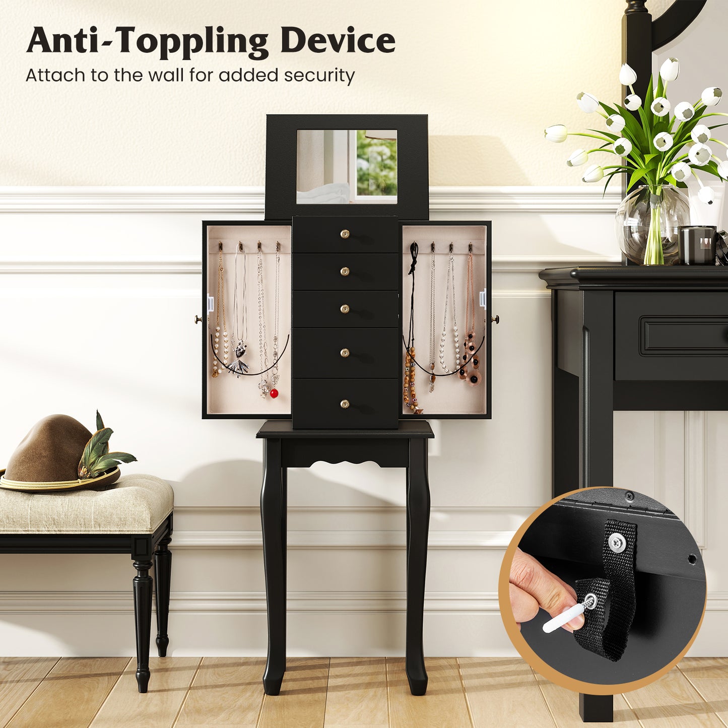2 Colors Armoire Storage Standing Jewelry Cabinet with Mirror, Black Jewelry Armoires at Gallery Canada