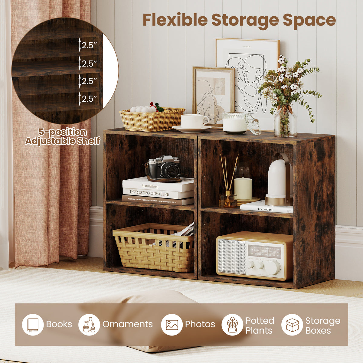 2-Cube Bookcase Floor Standing Open Bookshelf with 5-Position Adjustable Shelf, Brown Bookcases at Gallery Canada
