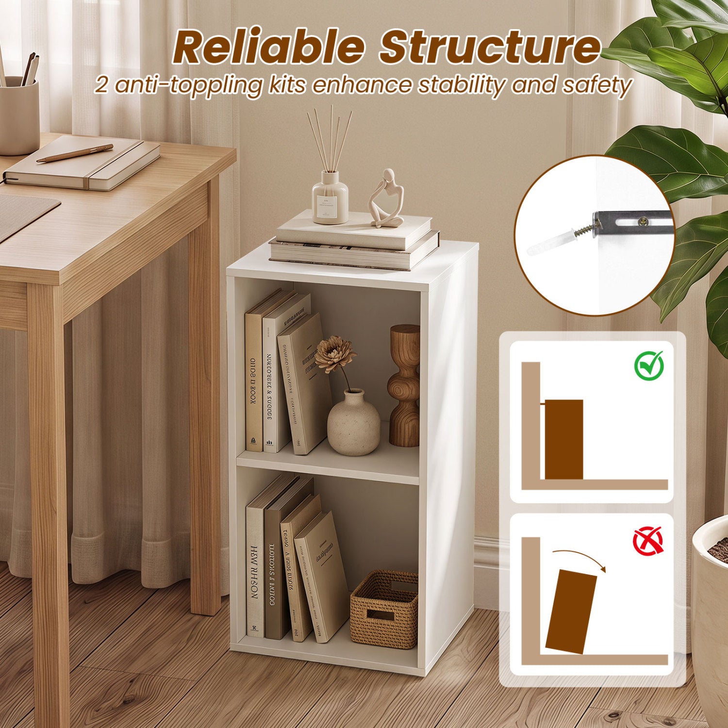 Freestanding 2-Cube Bookshelf, 2 Compartments, Anti-Tipping, White Bookcases at Gallery Canada