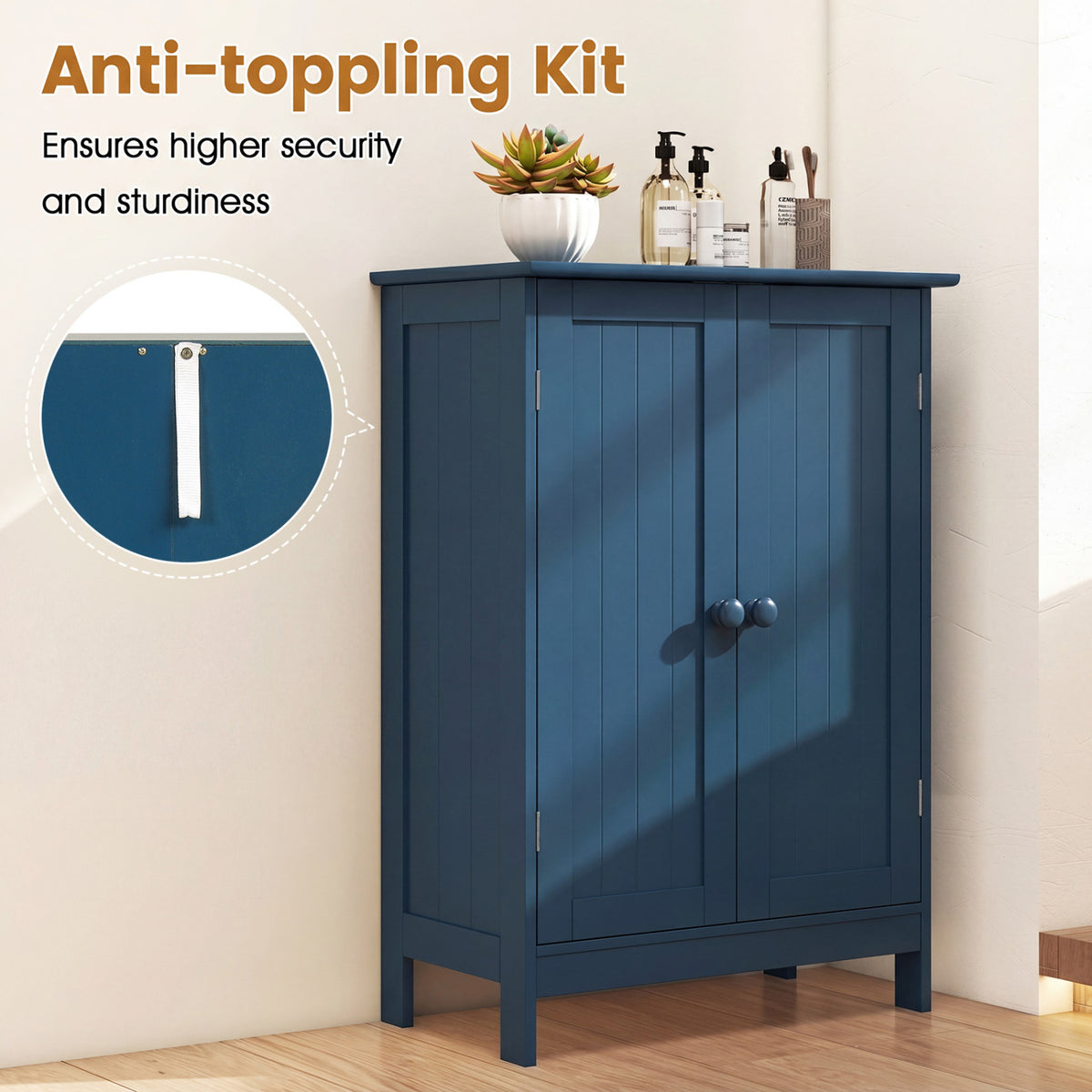 2-Door Freestanding Wooden Bathroom Cabinet, Adjustable Shelf, Blue Floor Cabinets at Gallery Canada
