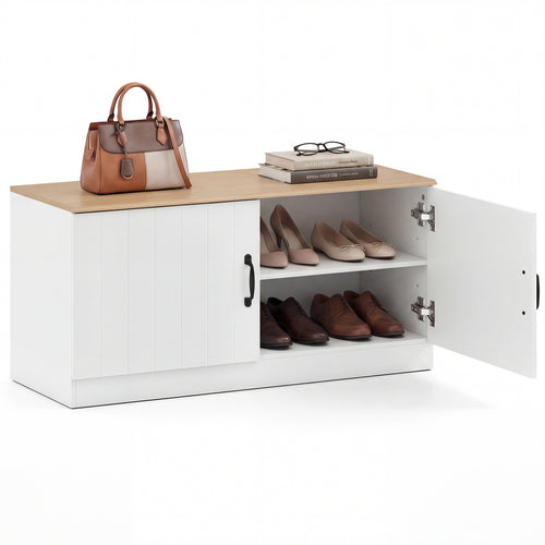 2-Door Shoe Storage Cabinet, Adjustable Shelves, Natural