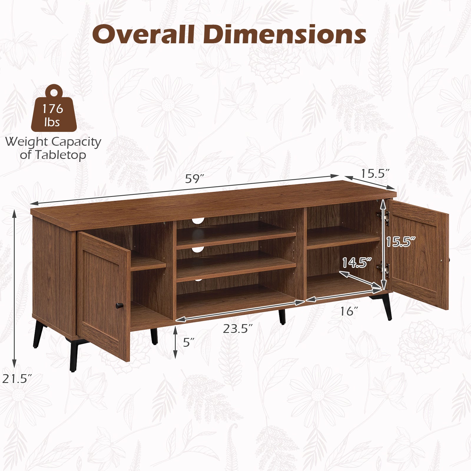 Mid Century Modern TV Stand, 2-Door Entertainment Center, 65 Inch, Brown Entertainment Centers & TV Stands at Gallery Canada
