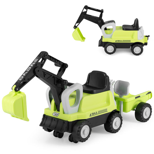 2-In-1 Kids Ride On Tractor With Digging Arm, Detachable Trailer, Green