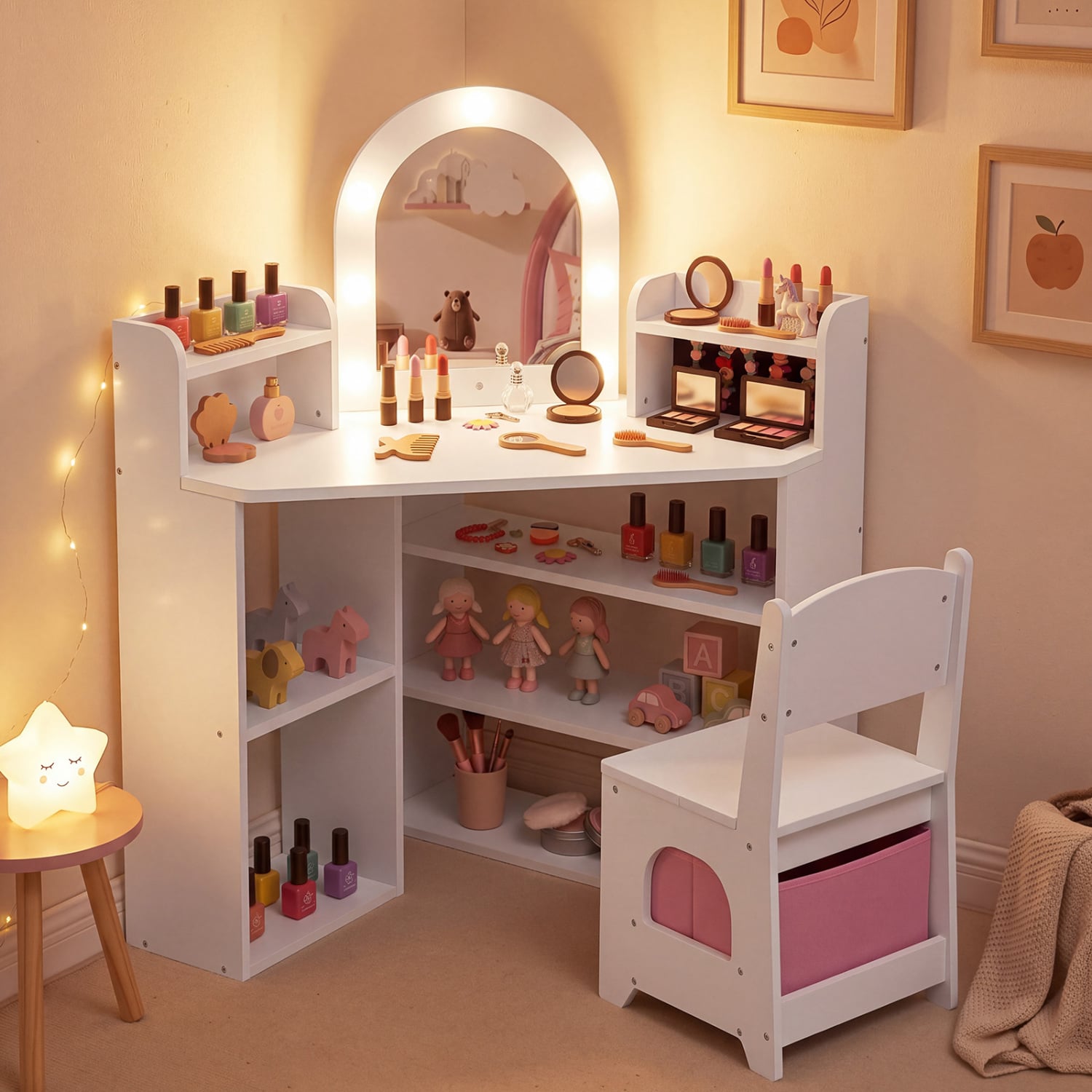 2-In-1 Kids Vanity Set with Lights, Ring Slots, White Kids Vanities at Gallery Canada