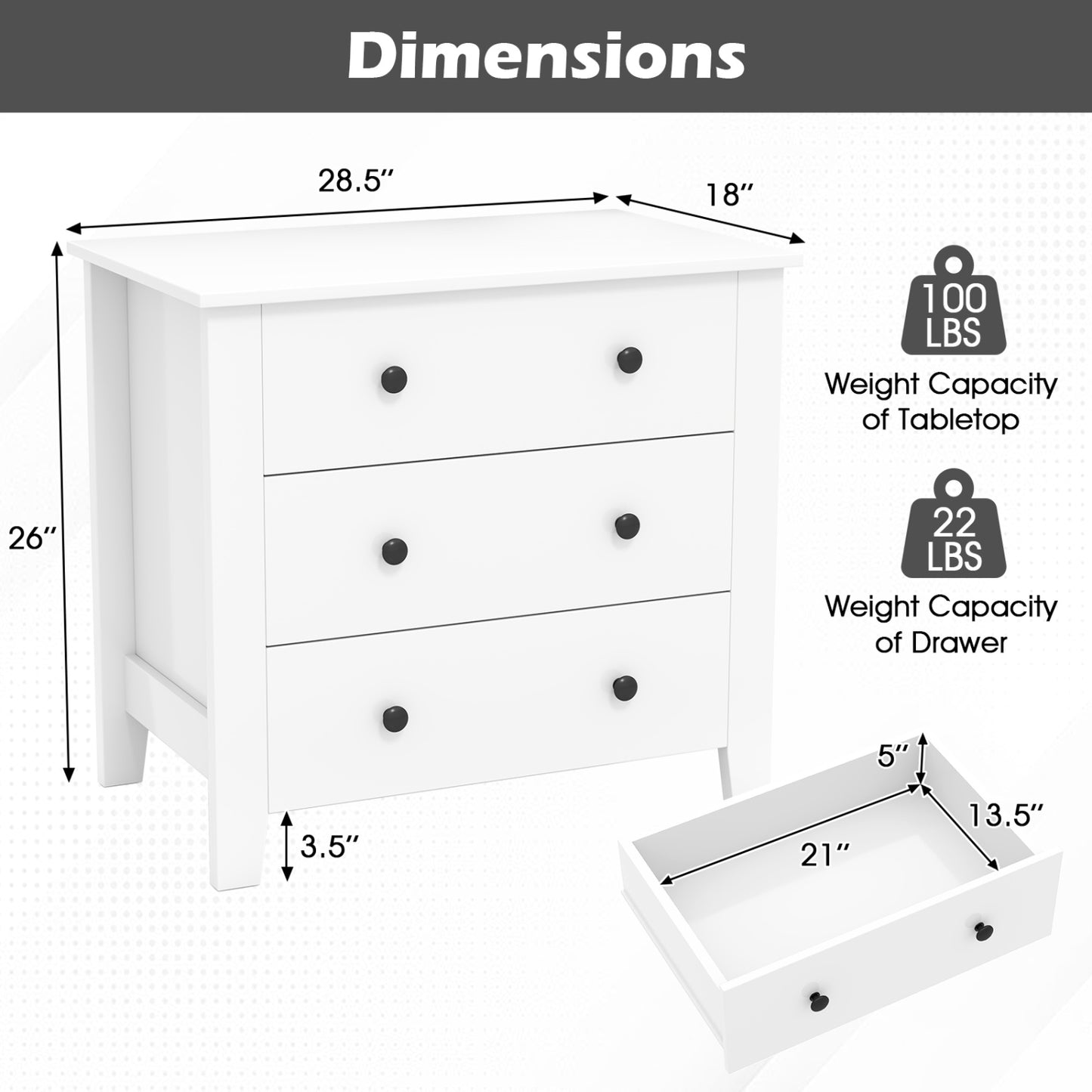 2-Pack 3 Drawer Dresser Chest, Bedside Table, White Dressers & Chests at Gallery Canada