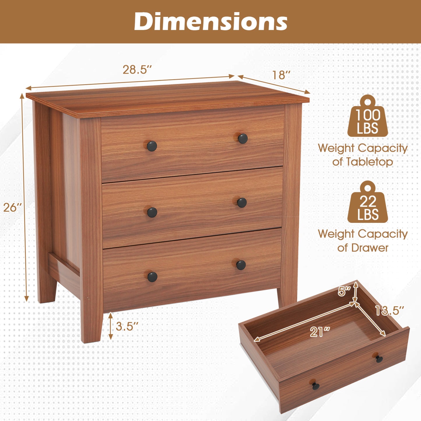 2-Pack 3 Drawer Dresser Chest, Walnut Dressers & Chests at Gallery Canada
