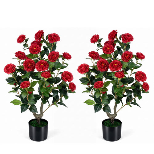 2-Pack Artificial Camellia Tree Faux Flower Plant in Cement-Filled Pot, Red