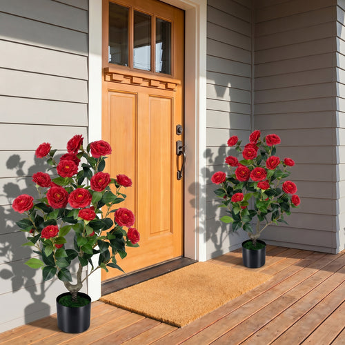 2-Pack Artificial Camellia Tree Faux Flower Plant in Cement-Filled Pot, Red