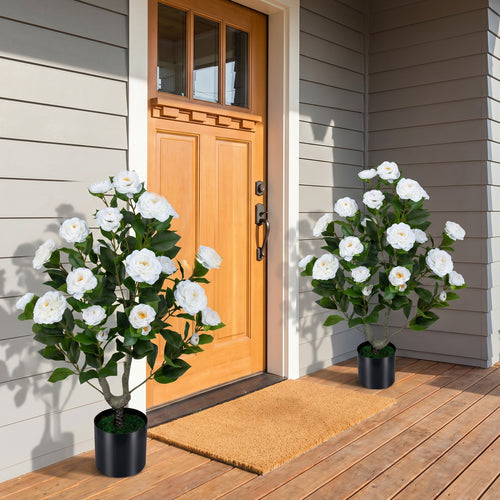 2-Pack Artificial Camellia Tree, Cement Pot, White