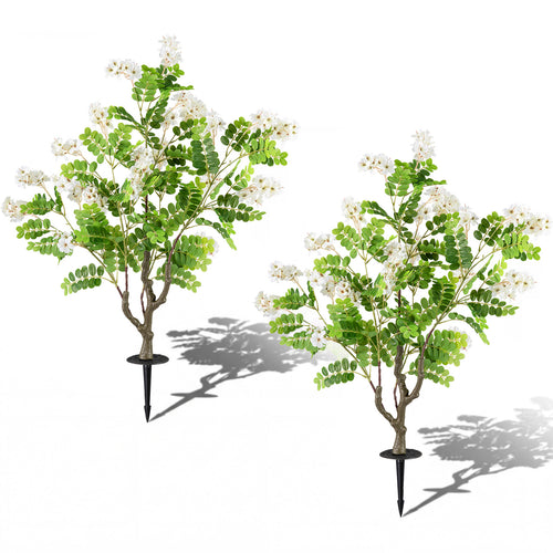 2 Pack Artificial Locust Flower Trees 39 Inch Fake Evergreen Shrubs with Ground Spikes, White