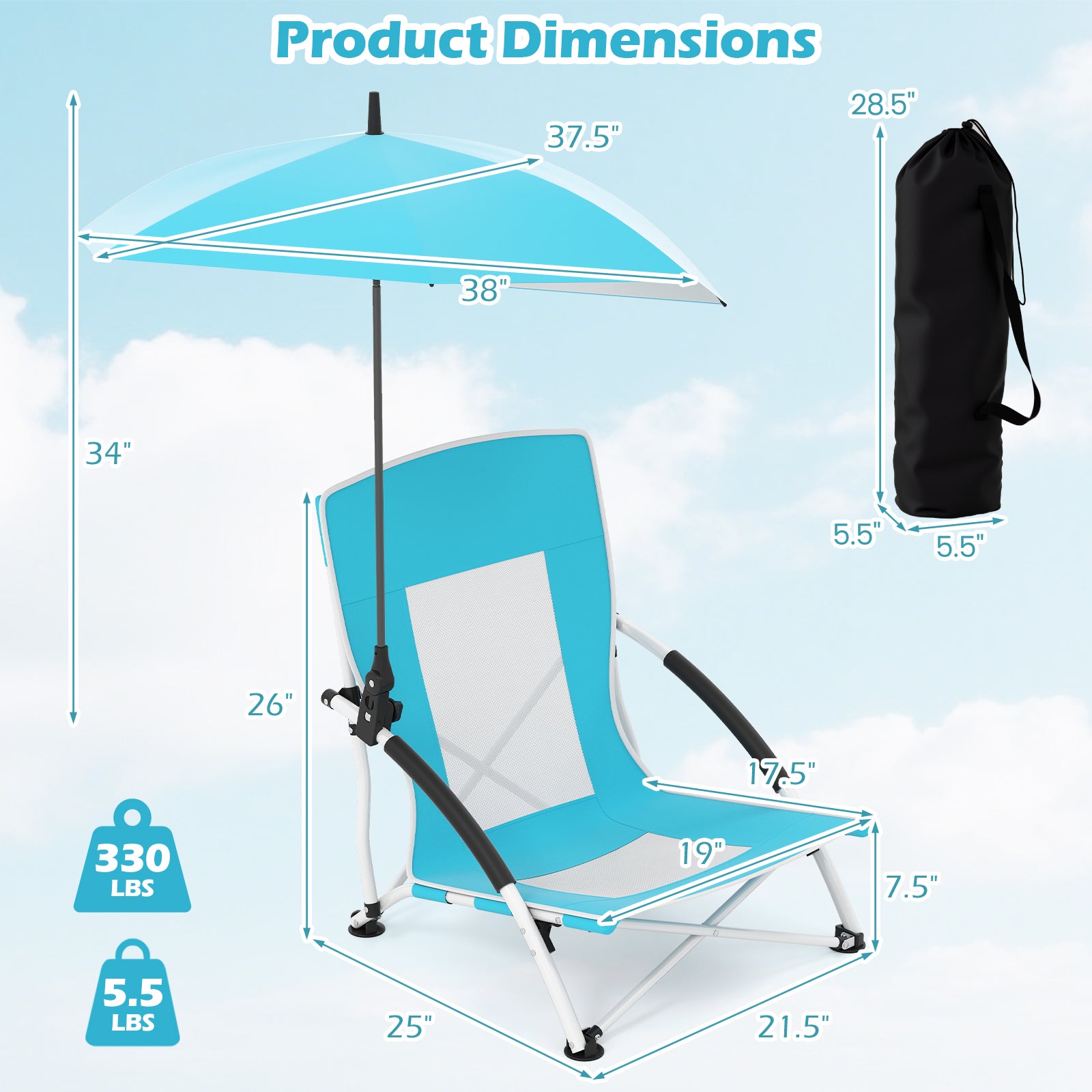 Beach Umbrella Chair, 2 Pack, Adjustable Parasol, Blue Beach & Lawn Chairs at Gallery Canada