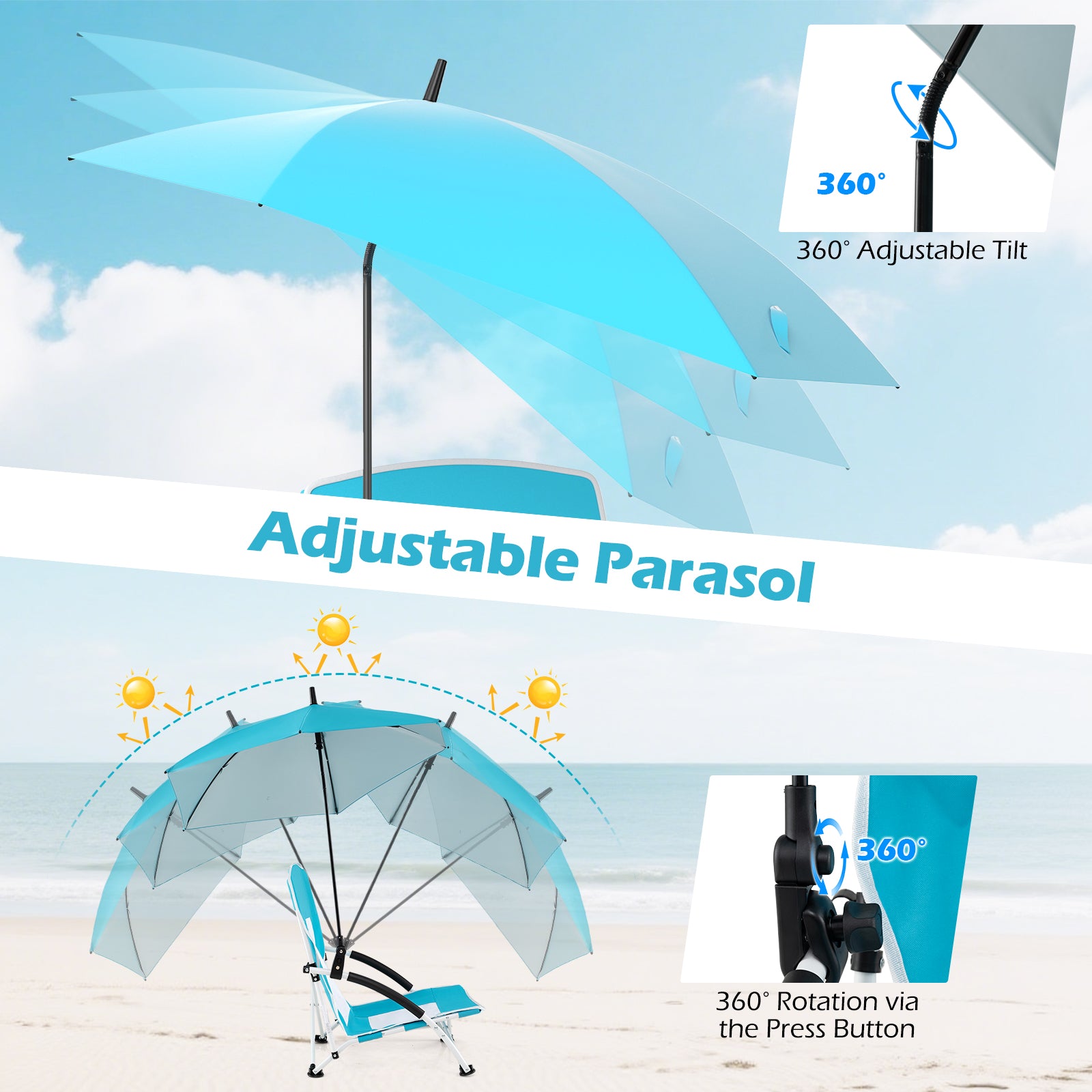 Beach Umbrella Chair, 2 Pack, Adjustable Parasol, Blue Beach & Lawn Chairs at Gallery Canada