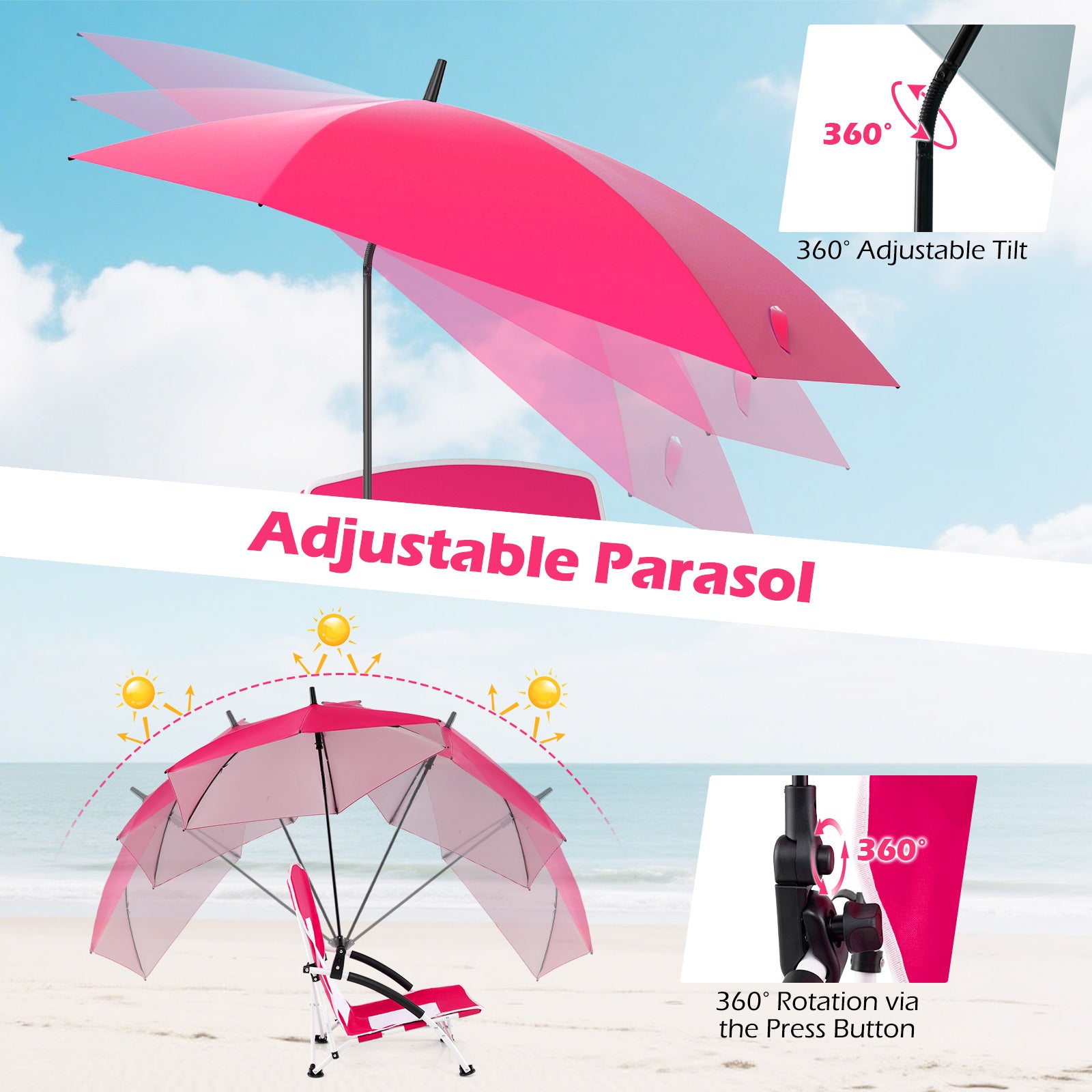 2 Pack Beach Umbrella Chair, Adjustable Parasol, Pink Beach & Lawn Chairs at Gallery Canada