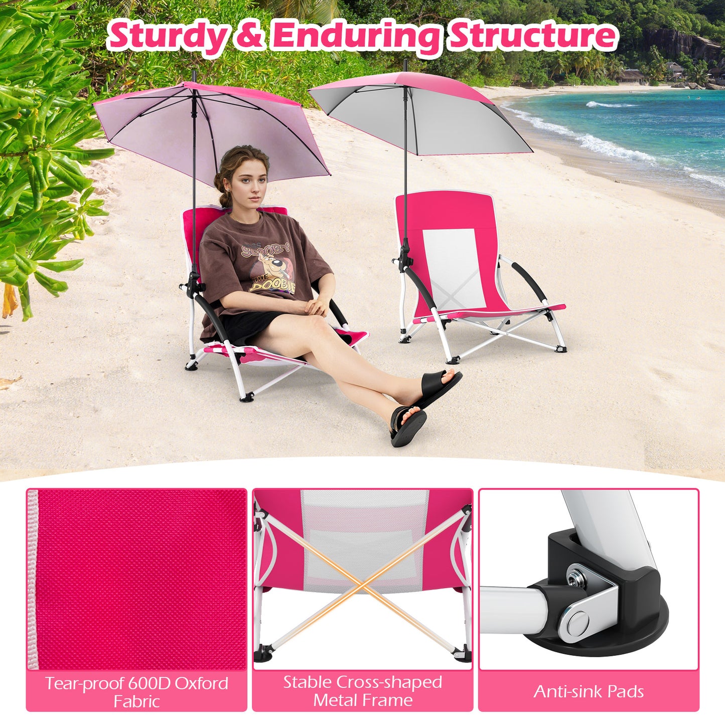 2 Pack Beach Umbrella Chair, Adjustable Parasol, Pink Beach & Lawn Chairs at Gallery Canada