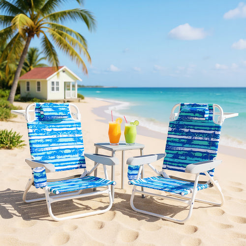 2 Pack Folding Beach Chair with Adjustable Positions and Head Pillow, Blue