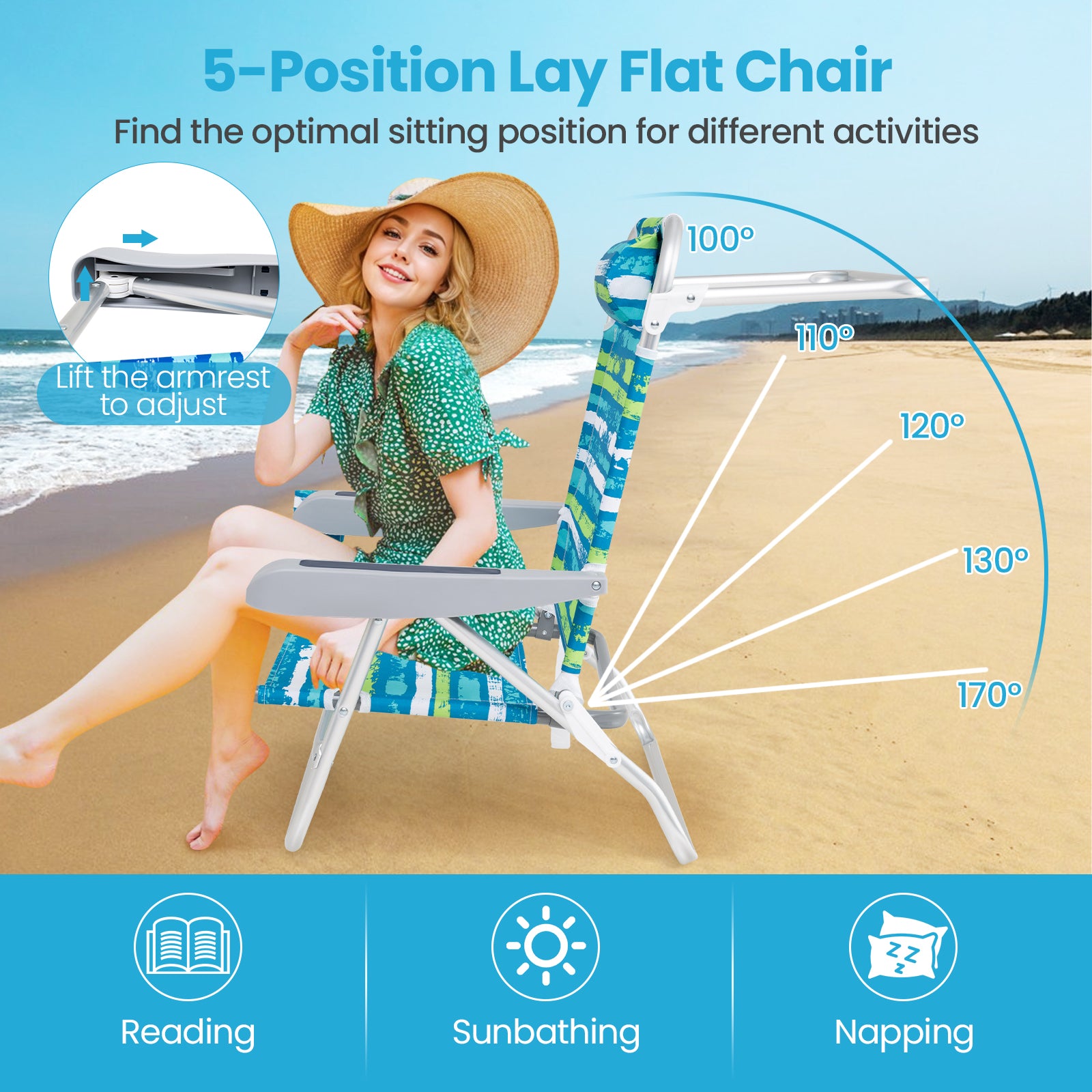 2 Pack Folding Beach Chair with Adjustable Positions and Head Pillow, Green Beach & Lawn Chairs at Gallery Canada