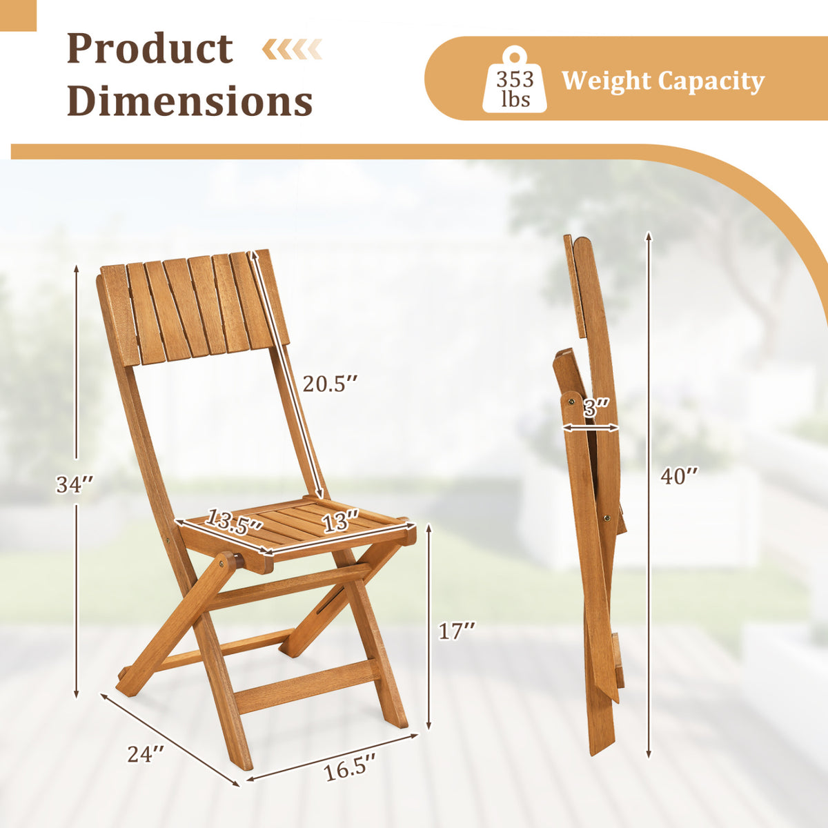 Folding Wood Dining Chairs, 2 Pack, Slatted Backrest Patio Dining Chairs at Gallery Canada