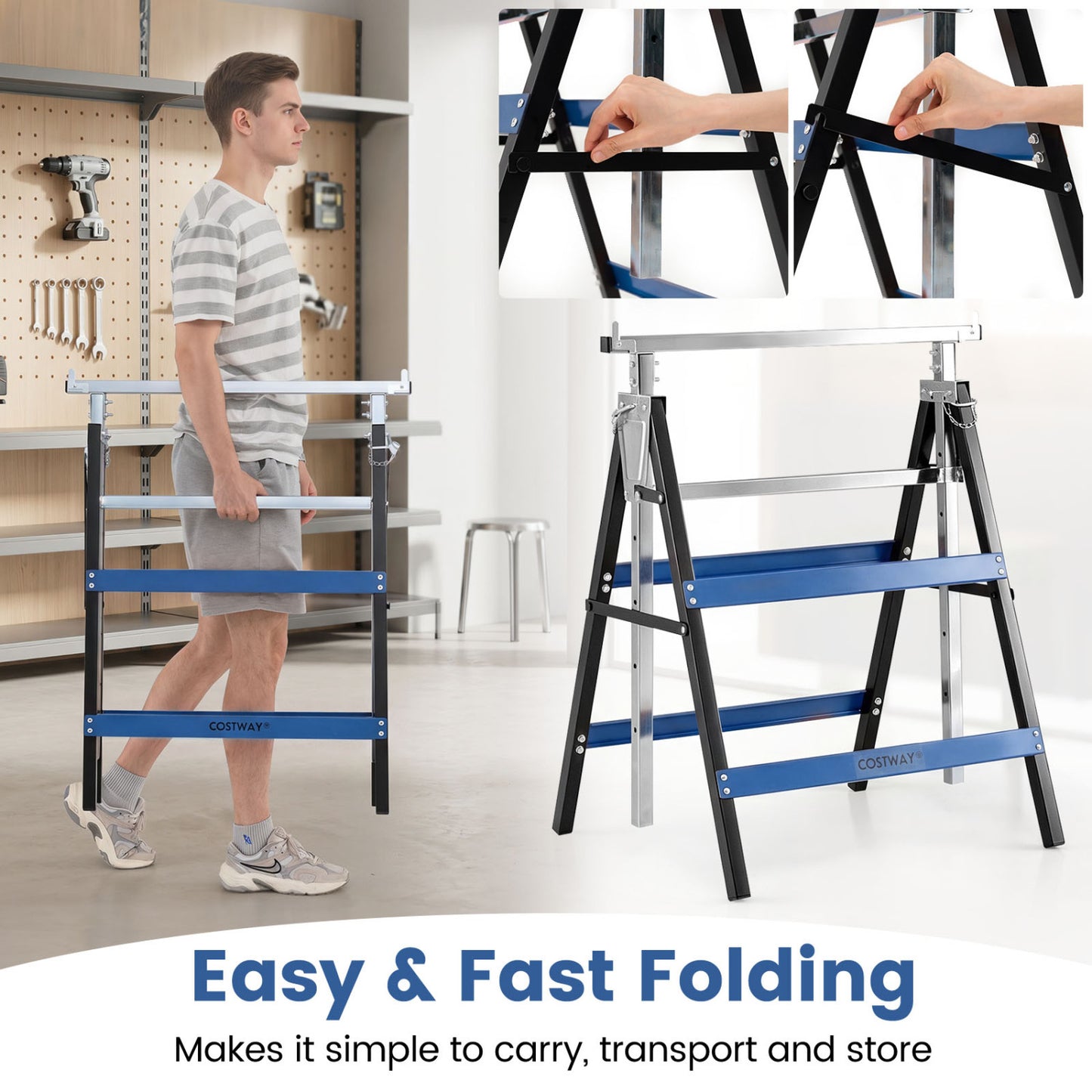 2 Pack Heavy Duty Metal Folding Saw Horses, Blue Garages at Gallery Canada