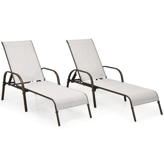 Outdoor Patio Lounge Chair, 2 Pieces, Adjustable Reclining Armrest, Gray Outdoor Chaise Lounges Gray at Gallery Canada