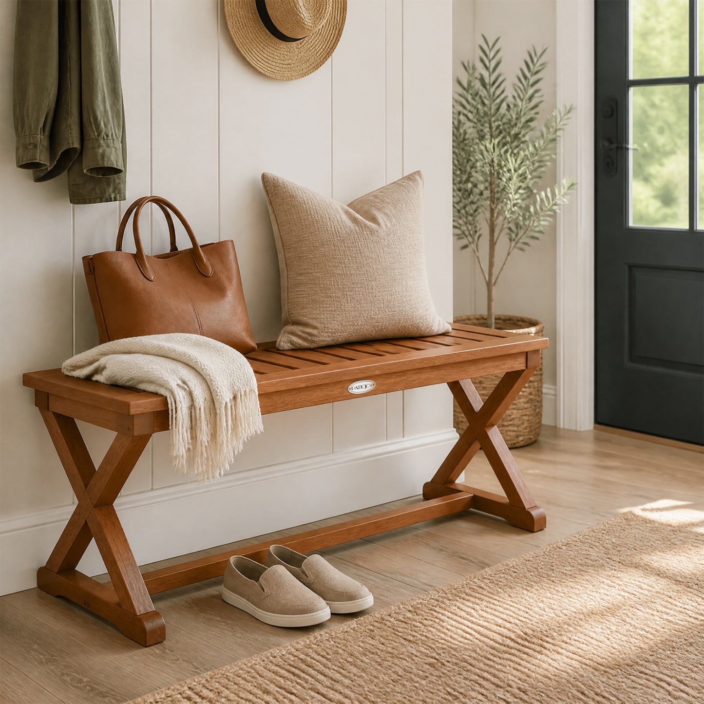 2-Person 44" Solid Wood Outdoor Bench, Slatted Seat Outdoor Benches at Gallery Canada